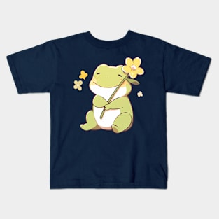 Adorable Kawaii Frog With A Flower | Cottagecore Kids T-Shirt